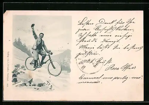 AK Fahrrad fahrender Herr winkt mit seiner Mütze