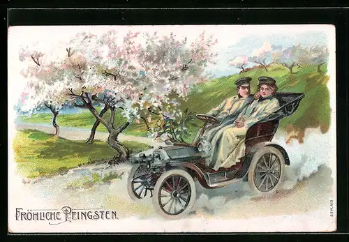 Präge-AK Paar im Auto vor blühenden Bäumen - Pfingstgruss