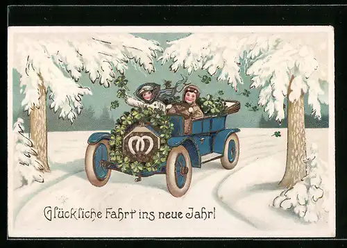 Künstler-AK Blaues Auto mit Hufeisen und Glückskleeschmuck, Neujahrsgruss