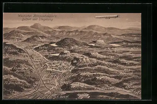 AK Belfort, Zeppelin schwebt über dem westlichen Kriegsschauplatz