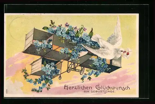Präge-AK Weisse Taube mit Brief im Schnabel fliegt vor einem Flugzeug