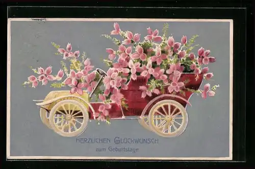 Präge-AK Auto voller rosa Blumen, Geburtstagswünsche