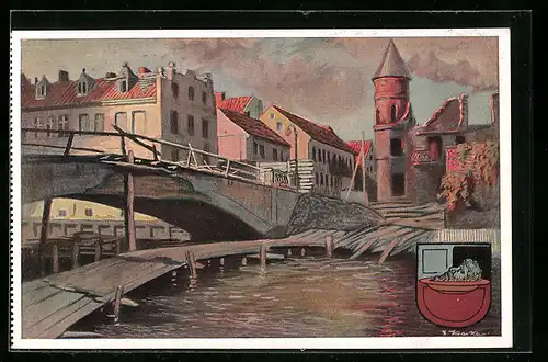 Künstler-AK Johannisburg, Zerstörte Piessekbrücke