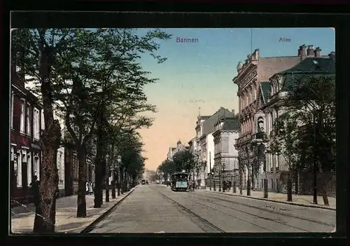 AK Barmen, Allee mit Strassenbahn