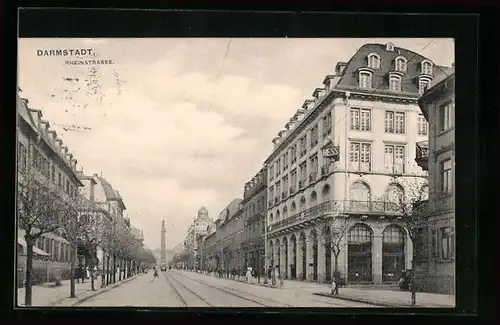 AK Darmstadt, Rheinstrasse mit Turm