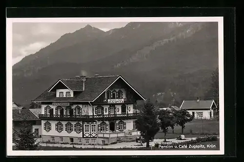 AK Krün, Pension und Cafe Zugspitze mit Bergblick