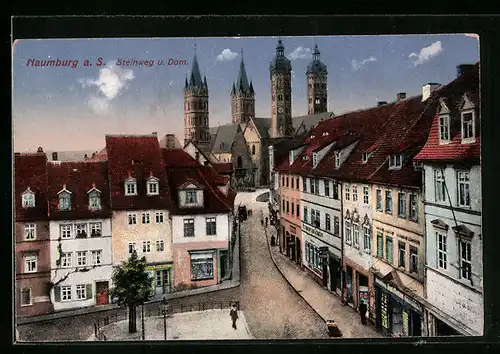 AK Naumburg a. S., Strasseneck am Steinweg mit Geschäften und Dom