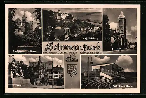 AK Schweinfurt, Willy-Sachs-Stadion, Ortspartie mit alter Stadtmauer, Wappen, Kirche mit 