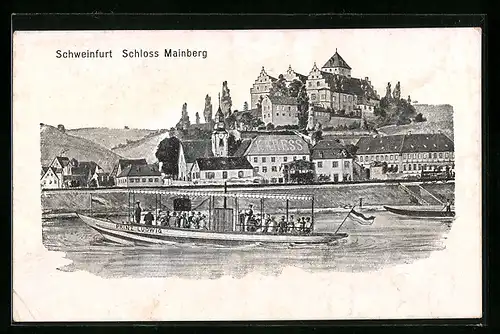 Künstler-AK Schweinfurt, Ausflugsboot Prinz Ludwig mit Blick zum Schloss Mainberg