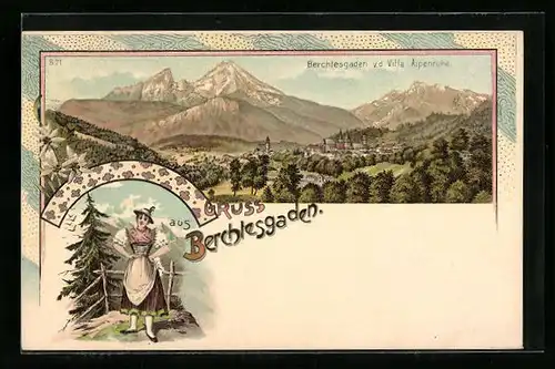 Lithographie Berchtesgaden, Ortsansicht v. d. Villa Alpenruhe