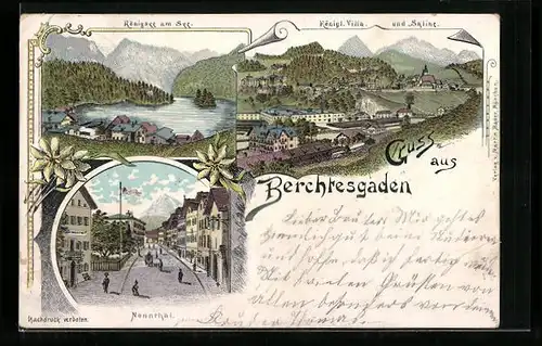 Lithographie Berchtesgaden, Königliche Villa und Saline, Königsee am See, Nonnthal