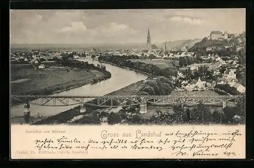 AK Landshut, Totalansicht mit Isar