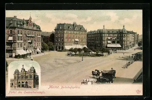 AK Mainz, Bahnhofsplatz, Portal des Centralbahnhofs