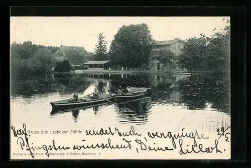 AK Lasbek, Ansicht vom See mit Mühle u. Ruderbootfahrern