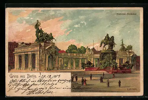 Lithographie Berlin, Partie am National-Denkmal