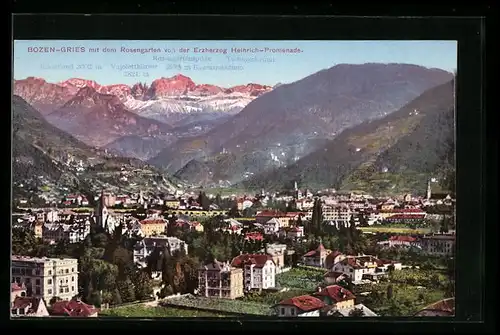 AK Bozen-Gries, Teilansicht mit dem Rosengarten von der Erzherzog Heinrich-Promenade, Kesselkogl und Vajolettürme