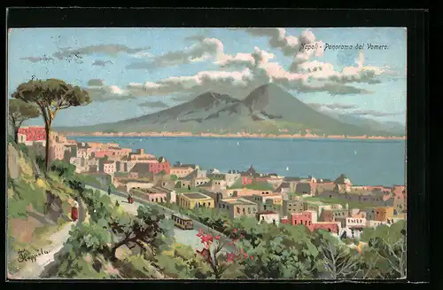 Künstler-Lithographie Napoli, Panorama dal Vomero, Vulkan, Strassenbahn