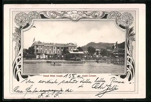 AK Sestri Levante, Blick über das Wasser auf das Grand Hotel Jensch, Prop. F. Jensch