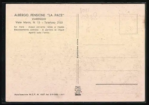 AK Viareggio, Albergo Pensione La Pace, Via Manin 15