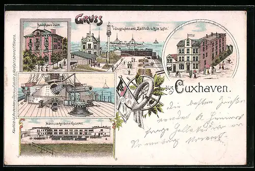 Lithographie Cuxhaven, Badehaus Döse, Telegraphenamt, Zeitball und Alte Liebe