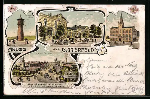 Lithographie Bitterfeld, Bahnhof, Rathaus, Kaiserstrasse, Wappen