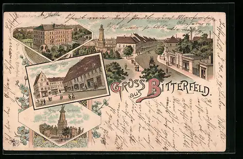Lithographie Bitterfeld, Realschule, Marktplatz, Krieger-Denkmal