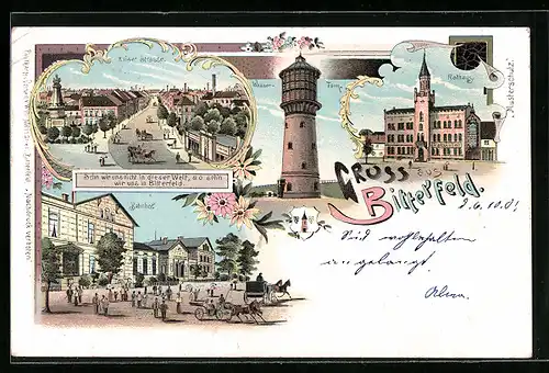 Lithographie Bitterfeld, Bahnhof mit Passagieren, Kaiserstrasse, Wasserturm