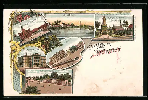 Lithographie Bitterfeld, Kriegerdenkmal, Stadtteich, Evangelische Volksschule