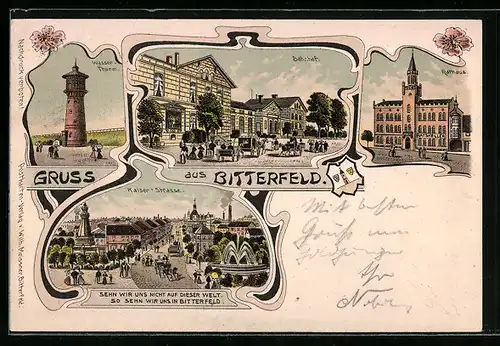 Lithographie Bitterfeld, Wasserturm, Bahnhof, Rathaus und Kaiserstrasse
