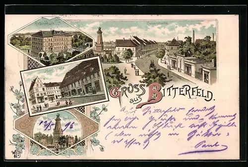 Lithographie Bitterfeld, Realschule, Kaiserstrasse, Krieger-Denkmal