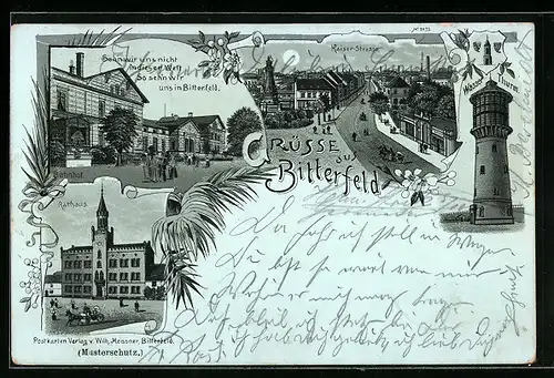 Mondschein-Lithographie Bitterfeld, Bahnhof, Kaiserstrasse, Wasser-Thurm
