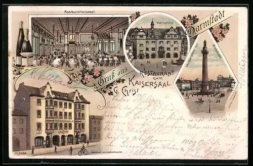 Lithographie Darmstadt, Restaurant zum Kaisersaal G. Christ mit Saal, Marktplatz, Louisenplatz