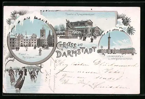 Winter-Lithographie Darmstadt, Markt und Rathaus, Theater und Kriegerdenkmal, See mit Schlittschuhläuferinnen
