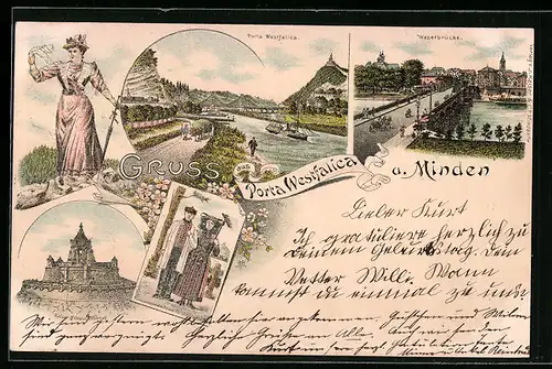 Lithographie Minden, Porta Westfalica, Wasserbrücke, Trachtenpaar