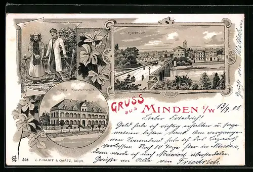 Lithographie Minden i. W., Weserbrücke aus der Vogelschau, Höhere Mädchenschule, Trachtenpaar