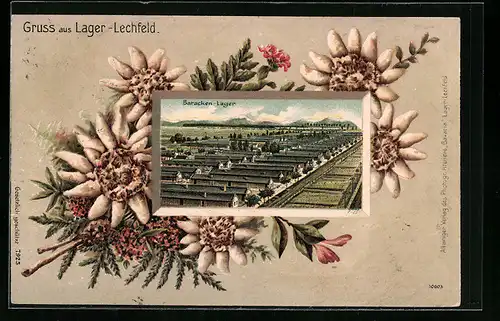 Passepartout-Lithographie Lager-Lechfeld, Barackenlager von oben, Edelweiss-Strauss