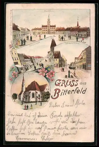 Lithographie Bitterfeld, Kirche, Marktplatz, Burgstrasse