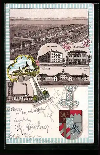 Lithographie Lager Lechfeld, Gesamtansicht aus der Vogelschau, Neue Kaserne, Wasserturm, Wappen