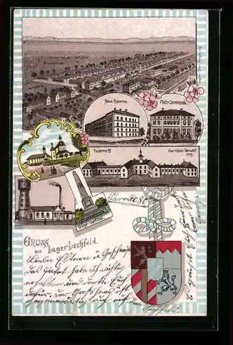Lithographie Lager Lechfeld, Gesamtansicht aus der Vogelschau, Neue Kaserne, Wasserturm, Wappen