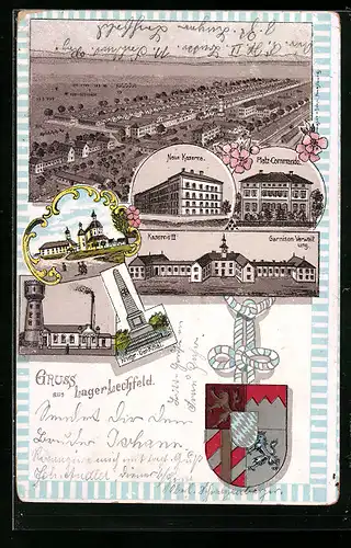 Lithographie Lager Lechfeld, Neue Kaserne, Platzkommando, Kriegerdenkmal, Wappen