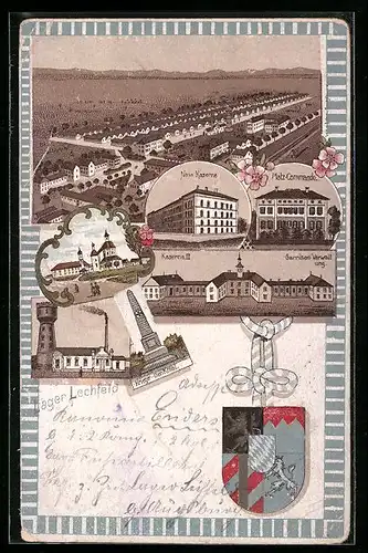 Lithographie Lager Lechfeld, Gesamtansicht aus der Vogelschau, Kriegerdenkmal, Wasserturm, Wappen