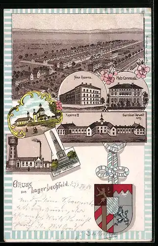 Lithographie Lager Lechfeld, Gesamtansicht aus der Vogelschau, Neue Kaserne, Wasserturm, Wappen