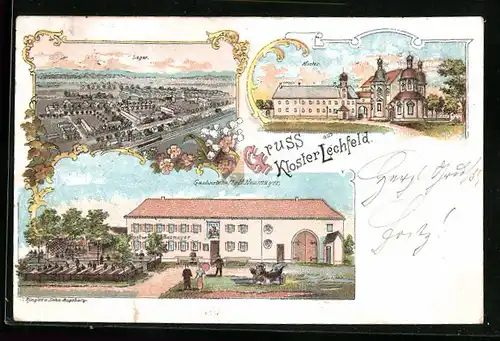 Lithographie Lechfeld, Gasthaus von H. Neumayer, Kloster Lechfeld, Lager