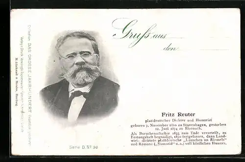 AK Fritz Reuter, plattdeutscher Dichter und Humorist, Serie D, Nr. 98