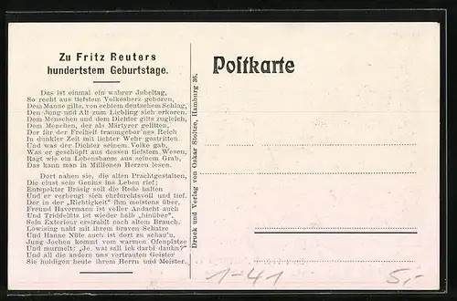 AK Zum hundertsten Geburtstage Fritz Reuters, 1810-1910