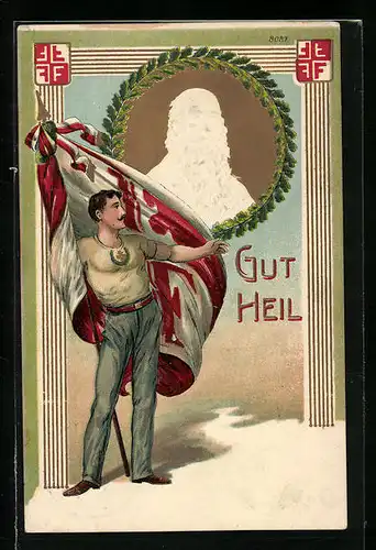 Lithographie Turnvater Jahn, Turner mit Fahne, Eichenlaub