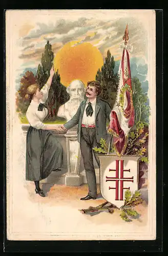 Künstler-AK Büste Turnvater Jahn, Turner mit Wappen und Standarte