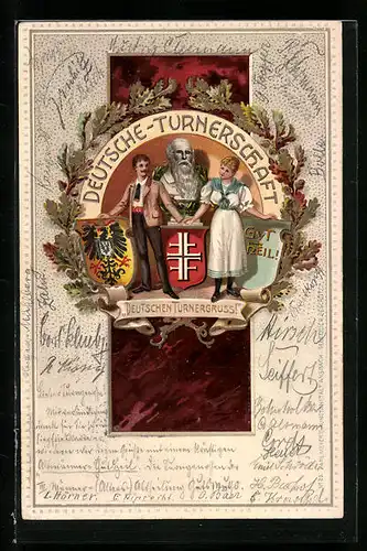 Präge-AK Deutsche Turnerschaft, Turnerpaar vor Büste von Turnvater Jahn