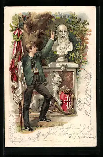 AK Turner mit einer Fahne neben einer Büste von Turnvater Jahn