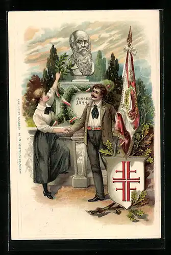 AK Turnerpaar vor Büste von Turnvater Jahn, Wappen